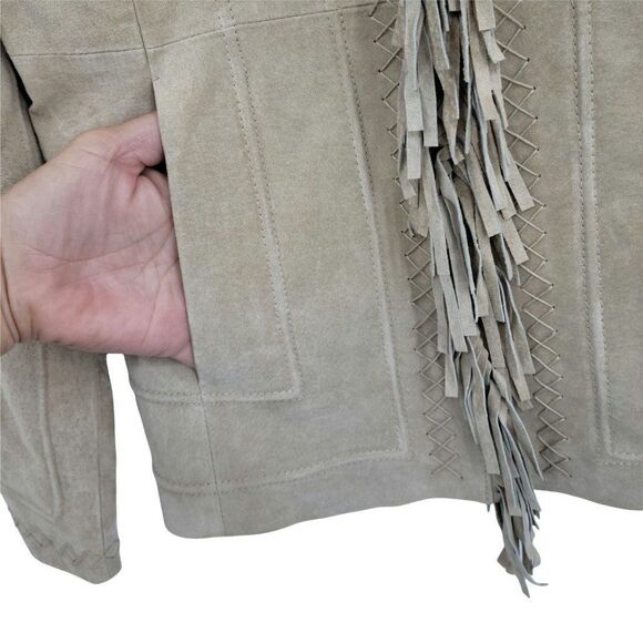 Vtg 80's Pamela McCoy Native American Fringed Leather Shacket Jacket Tan Sz L - Picture 6 of 15